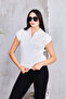 Women's Cream Polo Collar Ribbed Edge Sleeveless 100% Silk Sweater Ecru - 3
