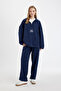 Oversize Fit Wide Fit Zippered Stand Collar Embroidered Fleece Sweatshirt - 4