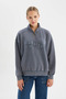 Loose Fit Half Zip Washed Thick Fabric Sweatshirt - 2