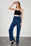 Women's Indigo High Waist Leather Belted Poplin Trousers