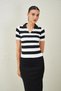 Women's Black-White Shirt Collar Short Sleeve Knitwear Blouse