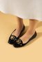 Women's New Season Black Patent Leather Mk Buckle Detailed Comfortable Sole Ballerina Shoes