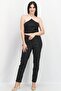Women Halter Neck Sleeveless Cropped Top, Black - 2