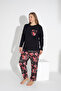 Black Color Long Sleeve Floral Print Pajamas Set 115 - 2