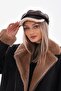 Under the Brim Beige Plush Brown Leather Cap Captain Women's Hat - 2