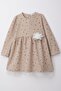 Girl's Long Sleeve Dress with Heart & Houndstooth Pattern, Ages 3-7, Beige - 3