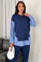 Women's Blue White Striped Modern Design Long Sleeve Shirt Detail Sweatshirt Modal Set - 2