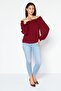 Women Off Shoulder Neckline Long Sleeves Embroidered Blouse, Maroon - 2