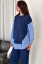 Women's Blue White Striped Modern Design Long Sleeve Shirt Detail Sweatshirt Modal Set - 7