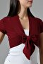 Blama Women's Soft Touch Short Sleeve Front Tie Diagonal Jacquard Short Combed Cotton Cardigan & Bolero - Burgundy - 6