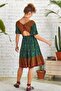 Cut Out Detailed Flounced Patterned Half Sleeve Bohemian Dress - 5