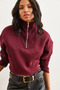 Women's Burgundy Stand Collar Zippered Embroidered Crop Thick Sweatshirt Swt-19000696 - 4