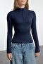 Lacivert Fitted/vücuda Oturan Fermuarlı Yaka Esnek  Örme Bluz TWOAW25BZ00163 - 3