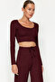 Bordo Yumoş Crop ve Wide Leg/Geniş Paça Örme Alt Üst Takım TWOAW23AU00125 - 3