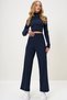 Navy Blue High Collar Camisole Cropped Blouse and Trousers Set Alc-X13058 - 5