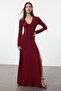 Bordo Düz V Yaka Skater/Belden Açılan Esnek Maxi Örme Elbise TWOAW25EL00299 - 3