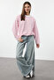 Pembe Çizgili Oversize/Geniş Kesim Bisiklet Yaka İnce Örme Sweatshirt TWOAW23SW00326 - 2