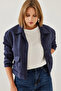 Women's Navy Blue Double Pocket Buttoned Suede Jacket 2499 60451011 - 2