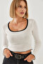 Women's White Square Collar Piping Detailed Long Sleeve Blouse 60351176 - 2