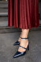 Rodeo Navy Blue Patent Leather Double Buckle Detailed Ankle Strap Women's Heeled Shoes