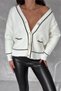 Women's Ecru Standard Size Double Pocket Pearl Button Embroidered Knitwear Cardigan - 7