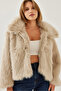 Women's Beige Collared Faux Fur Lined Coat 38120 60251969 - 4