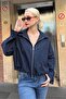 Navy Blue Zippered Women's Oversize Jacket with Pocket Detail Mg2188 - 4