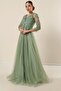 Front Back V Neck Top Glitter Motif Lined Long Tulle Dress