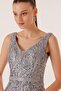 V-Neck Lined Glittery Flock Print Long Dress - 4