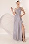 One Shoulder Front Draped Lined Long Glitter Tulle Dress - 2