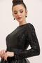 Organza Long Dress with Sequin Long Sleeve Waist Belt Lining on Top - 4