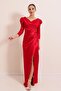 Double Breasted Neckline Side Gathered Lined Long Satin Dress - 2