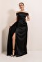 Madonna Collar Slit One Side Long Lined Satin Long Dress - 2