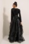 Organza Long Dress with Sequin Long Sleeve Waist Belt Lining on Top - 5