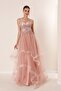 Bead Embroidered Sheer Layered Tulle Taffeta Long Evening Dress - 2