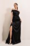 Madonna Collar Slit One Side Long Lined Satin Long Dress