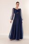 Front Back V Neck Waist Stoned Draped Lined Long Tulle Dress - 3