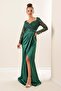 Double Breasted Collar Waist Belted Lined Glitter Detailed Tulle Sleeve Inside Mini Satin Dress
