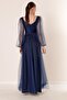 Front Back V Neck Waist Stoned Draped Lined Long Tulle Dress - 4