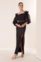 Square Neck Sleeves Organza Front Slit Long Dress with Waist Belt - 4