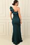 One Shoulder Stripe Jewel Skirt Slit Lined Long Crepe Evening Dress - 4
