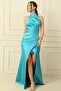 Neck Front Gathered Lined Slit Satin Dress - 2