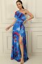 One Shoulder Lined Slit Printed Long Chiffon Dress