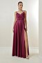 Rope Strap Bead Guipure Detailed Lined Draped Long Satin Dress - 3