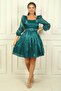 Women's Square Neck Long Sleeve Waist Belt Pleated Organza Short Dress - 3