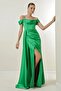 Stone Detailed Thin Straps Low Sleeve Lined Long Satin Dress - 2