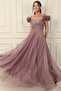 Front and Back V-Neck Strappy Short Sleeved Long Tulle Dress with Rhinestone Embellishment and Lining - 3