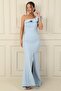 One Shoulder Stripe Jewel Skirt Slit Lined Long Crepe Evening Dress - 3