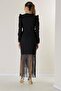 Double Breasted Collar Shoulders Padded Waist Belt Lined Tassel Crepe Dress - 5