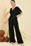 Double Breasted Collar Single Sleeve Jewel Detailed Pocket Crepe Jumpsuit